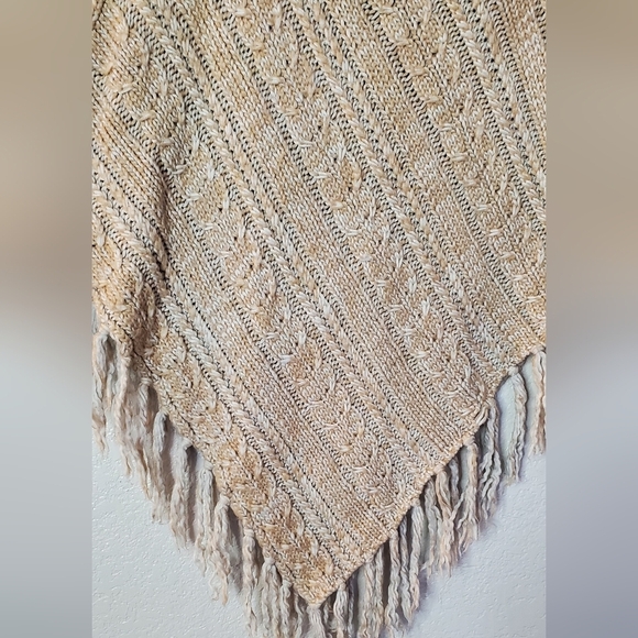 Beige Neutral Cable Knit Poncho with Fringe Hem One Size Asymmetrical Cape - Picture 2 of 7